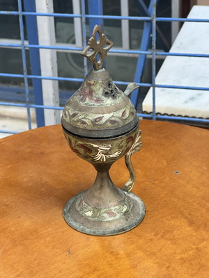 Vintage metal censer with cross, used, 17x10 cm