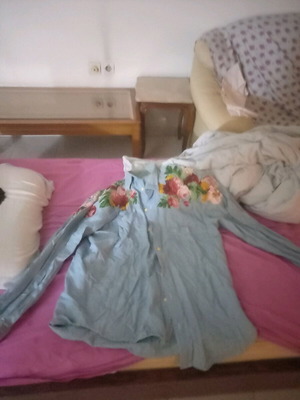 Denim shirt new with floral design on shoulders turquoise
