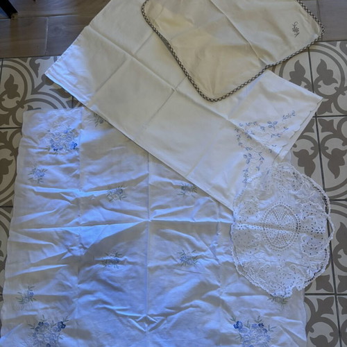 Embroidery set like new with pillowcase, square, and cutwork doily