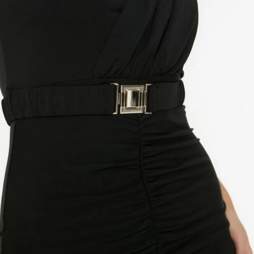 Black Evening Dress XL with Slit and Belt, Like New