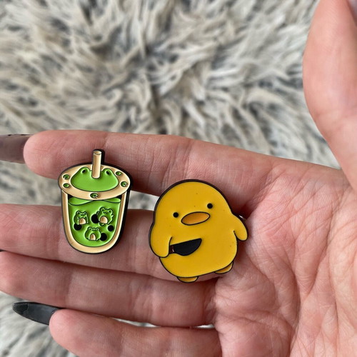 Duck and frog pins new, colorful, pack of two