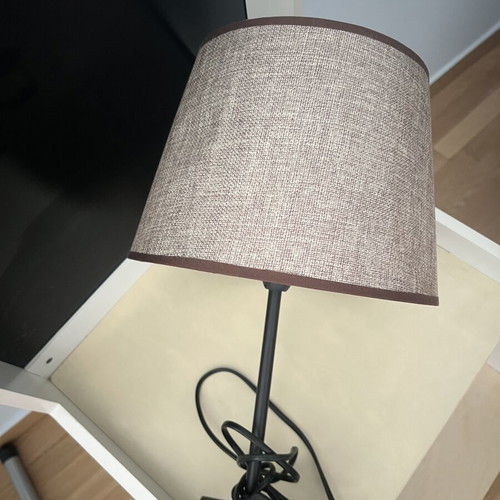 Lampshade with black metal base, beige and brown, used