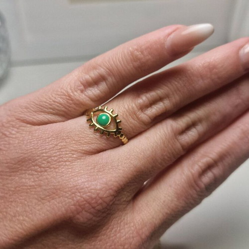 Stainless Steel Eye Ring with Enamel in Gold and Green