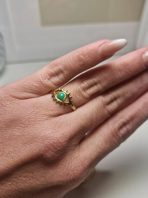 Stainless Steel Eye Ring with Enamel in Gold and Green