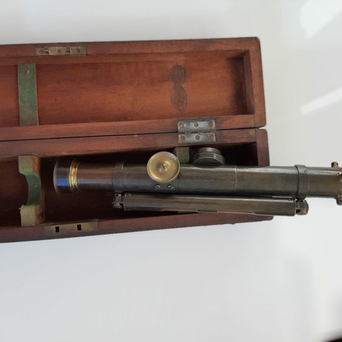 English antique theodolite used with authentic oak wood box