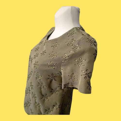 Rococo blouse new with gold flowers, size S, khaki