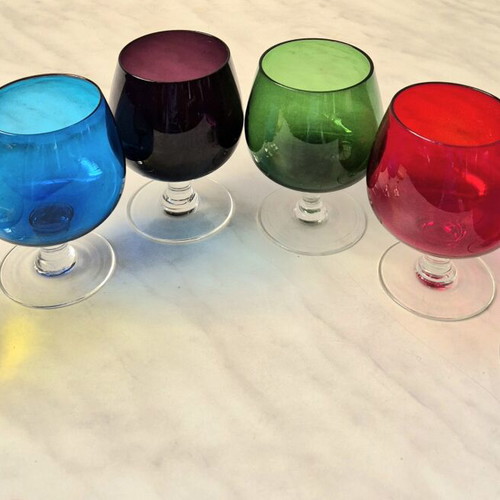 Vintage set of 6 colored balloon cognac glasses used