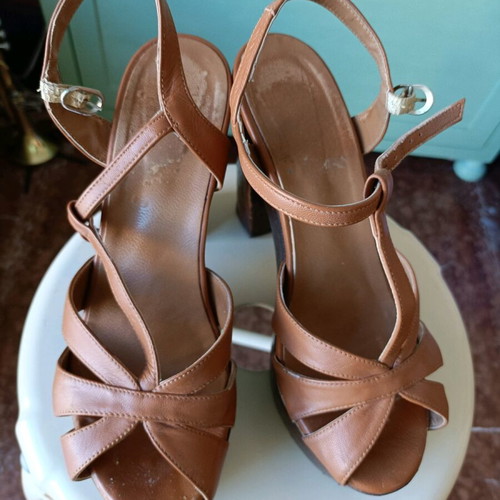 High Heeled Platform Sandals used, size 39, beige