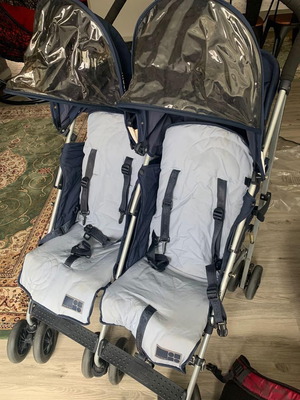 Maclaren Twin Traveller twin stroller used, navy blue