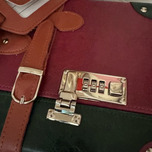 Vintage travel suitcase new, burgundy-green leatherette with lock