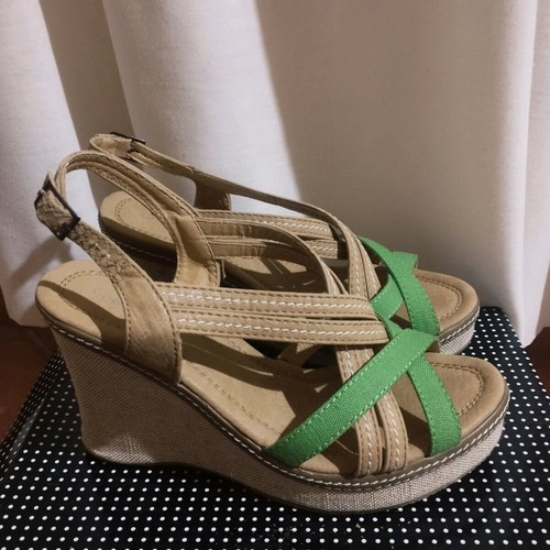Camille fabric platform sandals used, beige and green, size 37