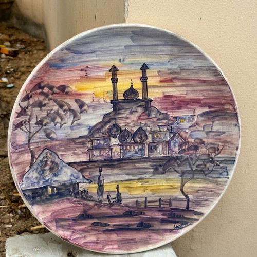 Handmade decorative plate with oriental landscape used, vintage