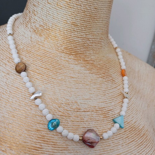 Handmade women's necklace with mother of pearl and lava stone new