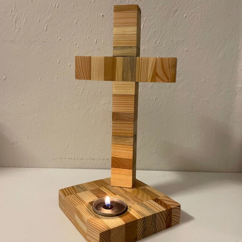 Handmade wooden cross with tealight holder new