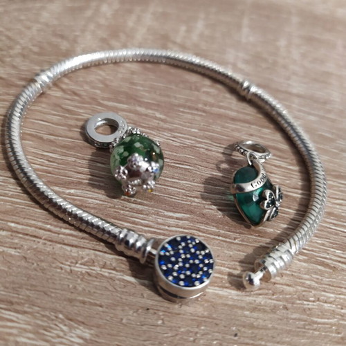 Pandora 925 silver bracelet with 2 charms, green heart and glowing dog