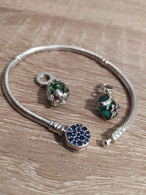 Pandora 925 silver bracelet with 2 charms, green heart and glowing dog