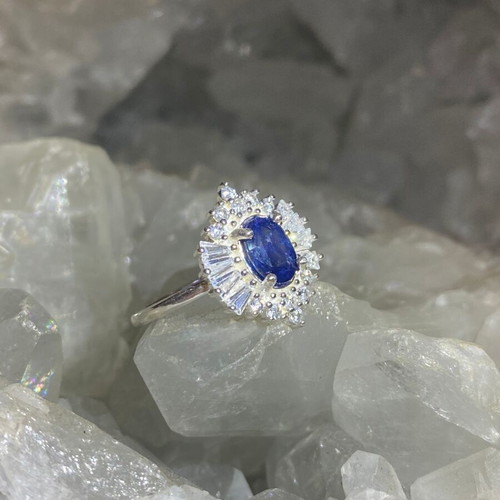 Handmade silver ring with natural blue sapphire and moissanites, new