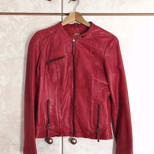 Lapel Red Leather Jacket L Size Slim Fit Like New