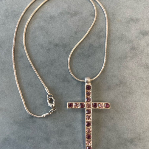 Silver Necklace Cross with Pink and Purple Rhinestones like new