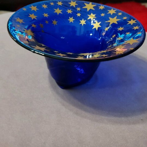 Blue glass bowl with gold stars like new, vintage