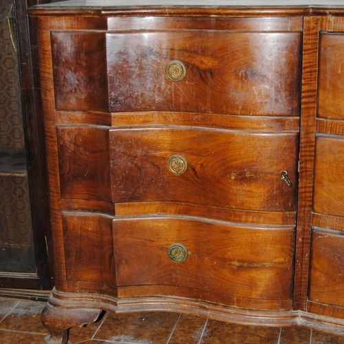Old buffet with unique design, tiger maple wood