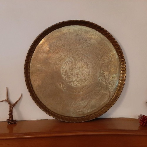 Bronze tray used with Egyptian designs and folding wooden stand