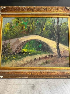 Landscape painting with stone bridge in golden frame used