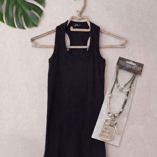 Black Ribbed Top with Y2K Groovy Crew Necklace gift, like new