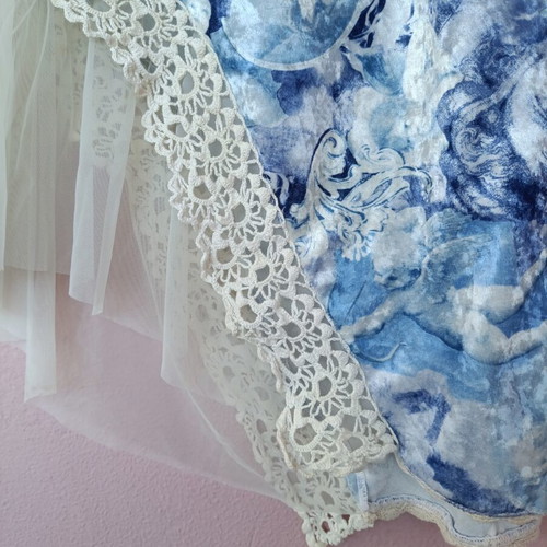 Baroque Vintage Velvet Dress with Handmade Lace Cherub Print M