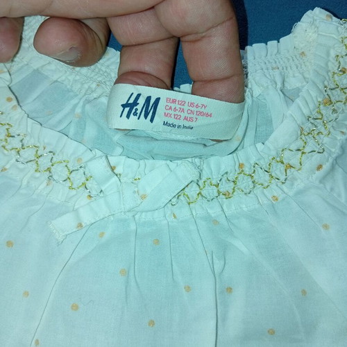 H&M White Girls' Blouse with Gold Polka Dots and Decorative Bow, Like New, 6-7y
