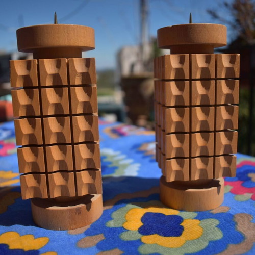 Expertic Olbernhau Wooden Candlesticks New, Vintage GDR 70s Mid-Century Design