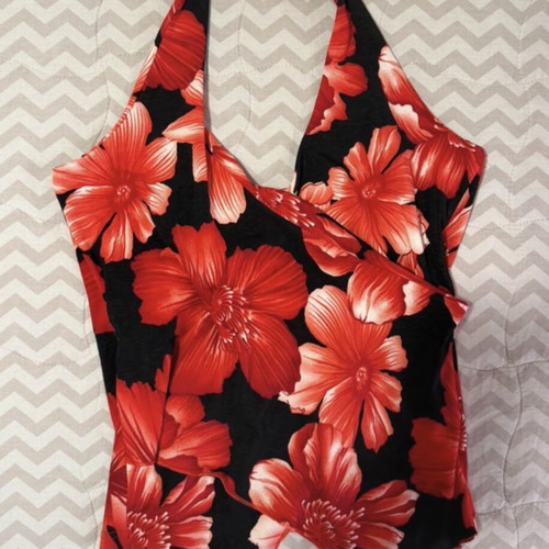 Vintage halter top with red floral print, size S-M