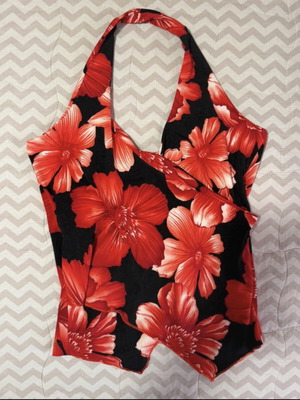 Vintage halter top with red floral print, size S-M