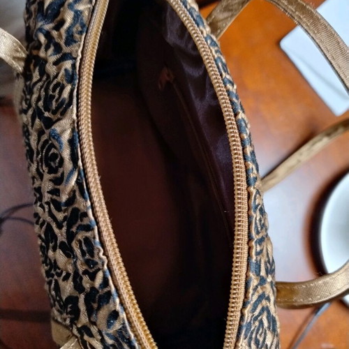 Satin handbag new, black with gold embossed patterns