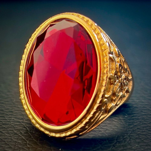 Ruby Sultan stainless steel ring with red crystal, M FORGE