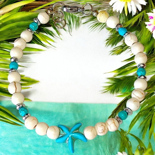 Handmade bracelet with turquoise, hematite, and chalcedony gemstones new