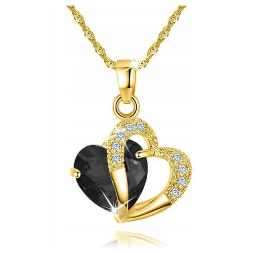 Necklace with black zircon heart pendant, gold plated, new