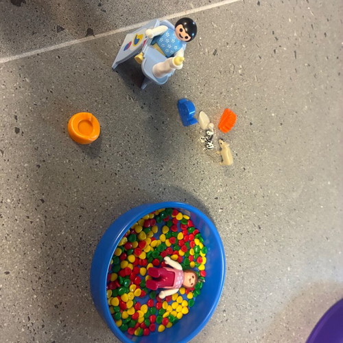 Playmobil babies set with high chair, bottle, toys, and play pool like new