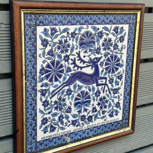 Handmade ceramic tile of Rhodes used with deer and frame