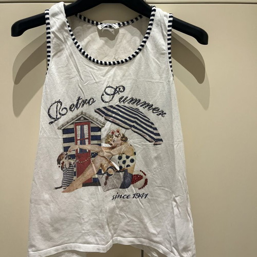 Mayoral sleeveless top like new, white with blue retro print