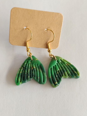 Handmade earrings new, green and gold polymer clay with steel hooks
