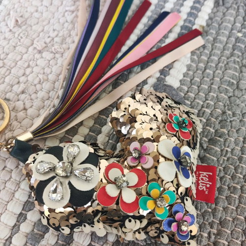 Keychain large heart with sequins, rhinestones and ribbons new, beige gold