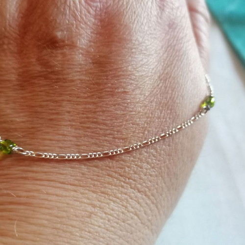 925 Silver Anklet with Figaro Chain and Green Beads new
