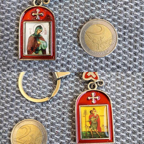 Double keychain with Saint Christopher and Saint Irene icons, like new