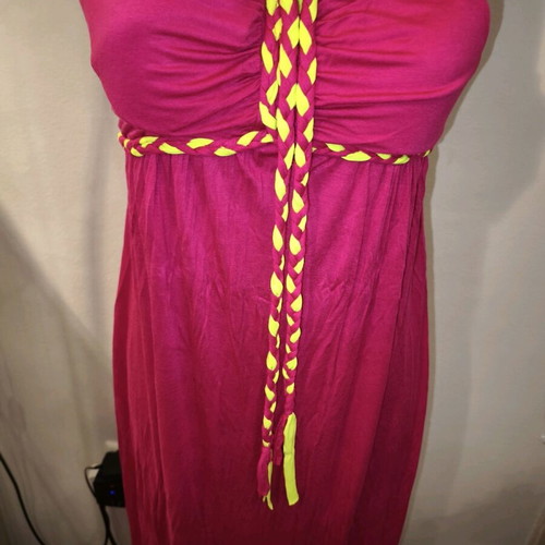 Long strapless fuchsia dress like new with neon details