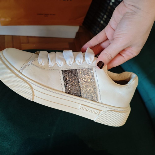 Miu Miu Glitter Stripe Leather Sneakers like new, size 36, white