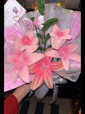 Pink bouquet no.3 made to order with lilies, tulips and butterfly