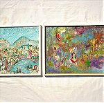  Δύο αυθεντικοί πίνακες ζωγραφικής ελαιογραφίες νωπογραφίες τοπία σπίτια φιγούρες ζώα