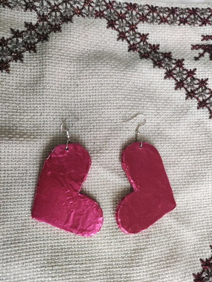 Earrings large pink hearts made to order from recycled paper and aluminum