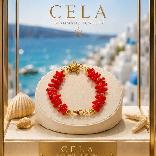 Handmade Bracelet with Semi-Precious Stones Coral and Hematite